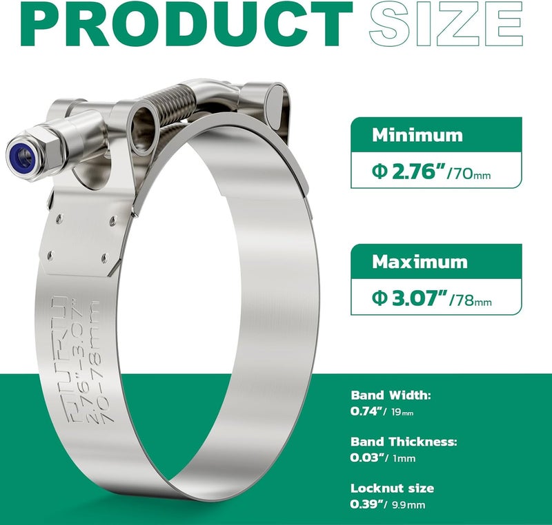 ORU 12Pack 2.5 Inch T Bolt Hose Clamp,304 Stainless Steel Heavy Duty Hose Clamp,Adjustable 70-78mm Radiator Hose Clamps for Tube, Automotive, Radiator, lntercooler - Image 3